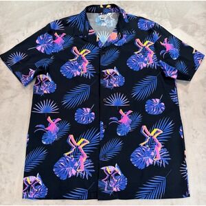 Dutch Bros Mens Short Sleeve Button Up Shirt Tropical Windmill Neon Medium